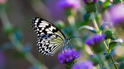 Fototapeta premium Spotted Butterfly with Yellow Wings Resting on a Purple Flower in Nature