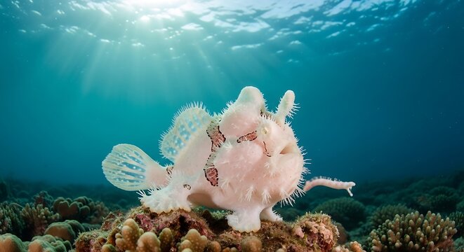 Unique frogfish in underwater environment with sunlight