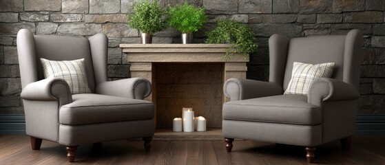 Naklejka premium Elegant living room with stone fireplace and gray armchairs providing a cozy atmosphere for relaxation and gatherings