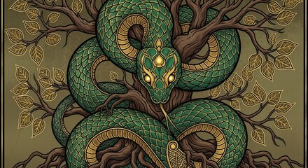 Obraz premium Mystical green serpent coils tightly around the trunk and branches of a stylized tree.