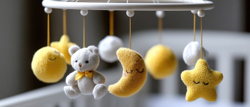 Baby mobile with teddy bear and moon toys hanging in nursery room on light grey background ready for infant's comfort and play
