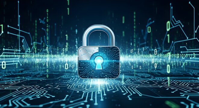 Futuristic security lock interface over a blue digital data network, representing information security, privacy protection, and advanced technology systems.