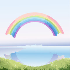 Fototapeta premium Vibrant Pastel Rainbow Arching Over Tranquil Reflective Water and Lush Green Landscape