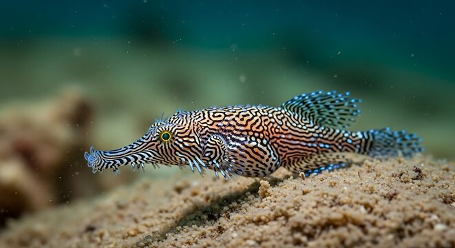 Unique ornate ghost pipefish resting on sandy ocean floor underwater