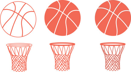 Cad drawing flat vector illustration of basketball ball and net icon set with outline and silhouette styles for sports competition © Hello Wolrd