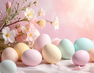 Colorful Easter Eggs and Fresh Flowers on Soft Pastel Background