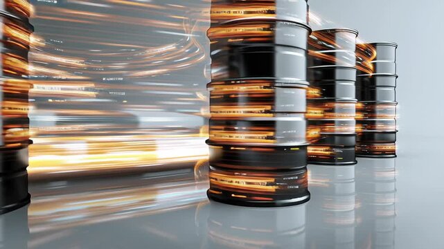 energy commodity global trade theme, oil barrels combined with abstract logistics and trade flow visuals, clean professional style, Black barrels stand firm against a glowing blur. Speed and energy 