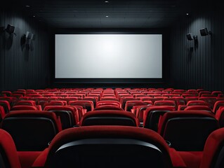 Empty cinema auditorium with rows of red seats facing a large blank screen