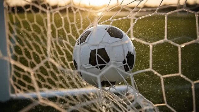 A wet soccer ball is caught in a net during a game with the sun setting in the background