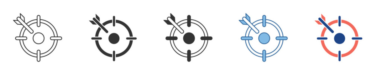 A collection of vector icons depicting a bullseye target successfully hit by an arrow, symbolizing precision, goal achievement, and strategic objectives