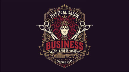 Obraz premium Mystical Salon Business Logo with Scissors and Queen.