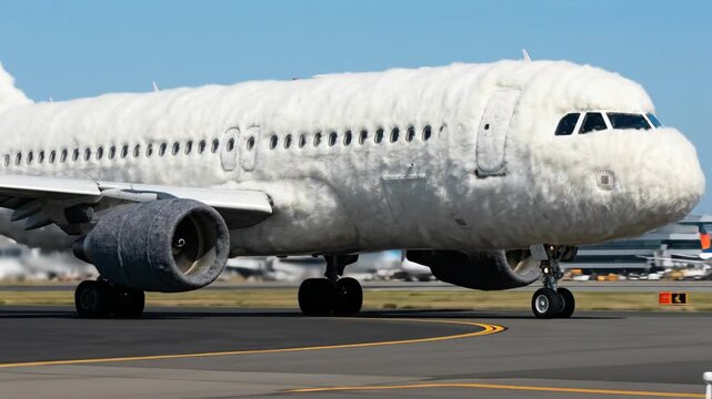 White furry airplane taxying on a runway. Surreal and whimsical concept of a fluffy aircraft in motion at an airport.