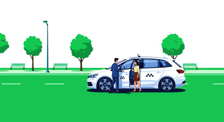 Man and woman entering white taxi car on a green street with trees and benches © Zahra