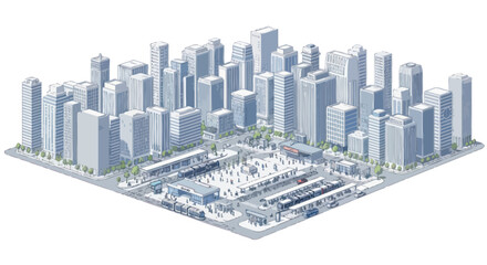 Isometric Cityscape with Modern Buildings and Busy Plaza