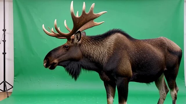 Majestic bull moose with large antlers stands against a vibrant green screen backdrop.