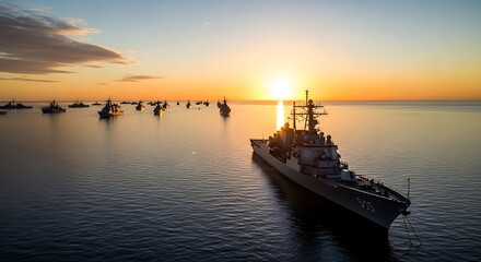 Obraz premium Naval fleet at sunset, warships on calm sea