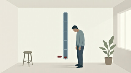 Plakat Low motivation concept: tired person beside near-zero meter, fatigue exhaustion low energy workday slowdown limit acceptance pace