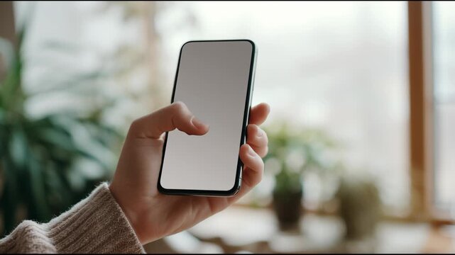 Close-up of a person using a generic smartphone, blank screen with no logo, natural hand position, soft window light, shallow depth of field, blurred modern interior background