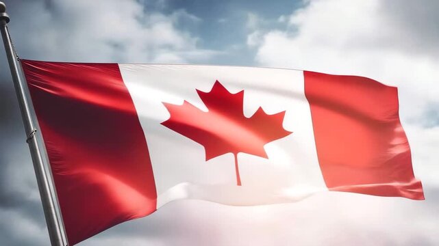 Flag of Canada waving in the breeze against a sunset sky. Banner with Canadian flag.