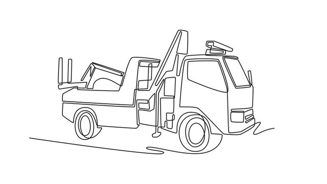 Self drawing animation of single line draw tow truck or recovery vehicle. Crane mechanism, flatbed structure used for clearing roads, rescuing stranded vehicles. Continuous line. Full length animated
