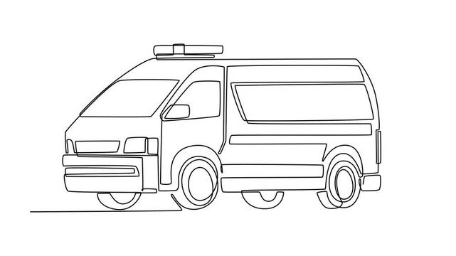 Self drawing animation of single line draw specialized ambulance or medical transport van. Vehicles functional form, including high roof, emergency beacon on top. Continuous line. Full length animated