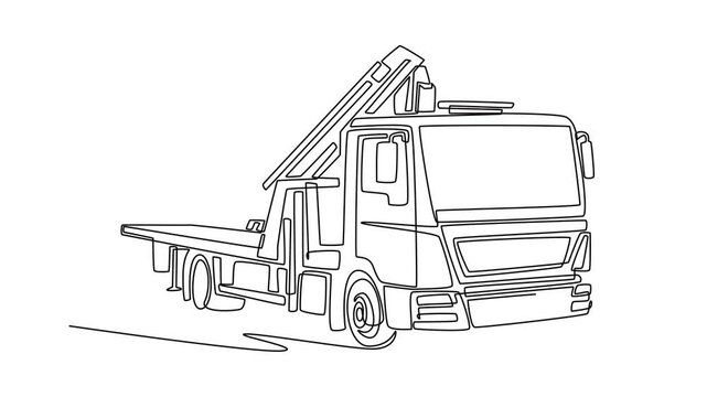 Self drawing animation of single line draw flatbed recovery truck equipped with a large hydraulic lift. Heavy machinery used for automotive rescue and transport. Continuous line. Full length animated