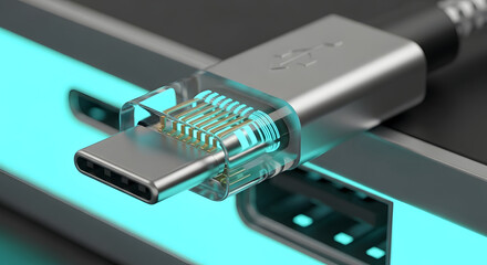 Close up of a modern USB Type C connector with its internal components visible against a vibrant blue illuminated background showcasing advanced technology and connectivity