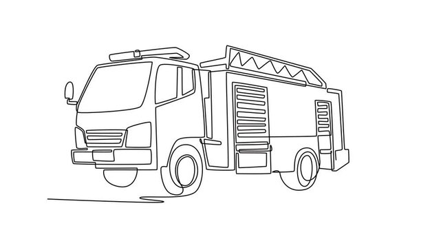 Animated self drawing of continuous line draw fire truck with storage compartments and roof equipment. Essential form of this life-saving emergency transport vehicle. Full length single line animation