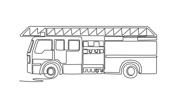 Animated self drawing of continuous line draw side view of robust fire engine with long roof ladder. Length of the vehicle and organized arrangement of storage panels. Full length one line animation