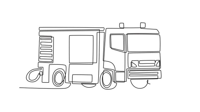 Animated self drawing of continuous line draw specialized firefighting engine truck. Vehicle front and side equipment panel for urban rescue, fire department services. Full length one line animation