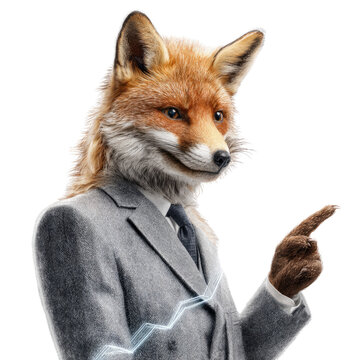 Clever Fox in a Suit: A cunning fox, attired in a business suit, directs attention towards an upward-trending line, a symbol of growth and astute financial insight.