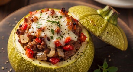 Stuffed zucchini with cheese and vegetables on a wooden surface closeup