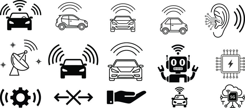 Connected car technology and wireless communication icons