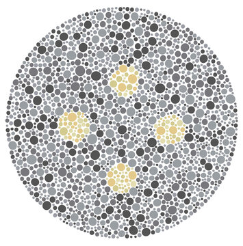 Four Dots in Square Formation Illustration for Color Discrimination Test

Description: A diagnostic plate featuring four colored dots arranged in a square pattern within a mosaic, testing the abi