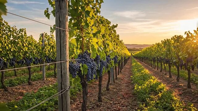 Rows of grapevines heavy with fruit stretch towards the horizon at sunset