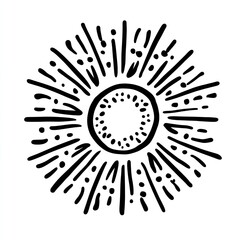 Black and white illustration of sunburst design, featuring a central circle with radiating lines