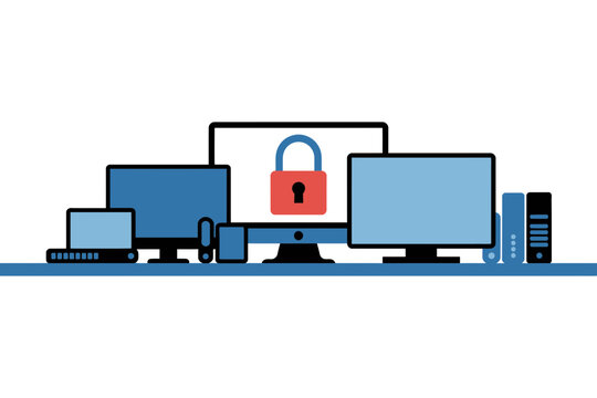 Computer security icon with padlock on monitor and various devices