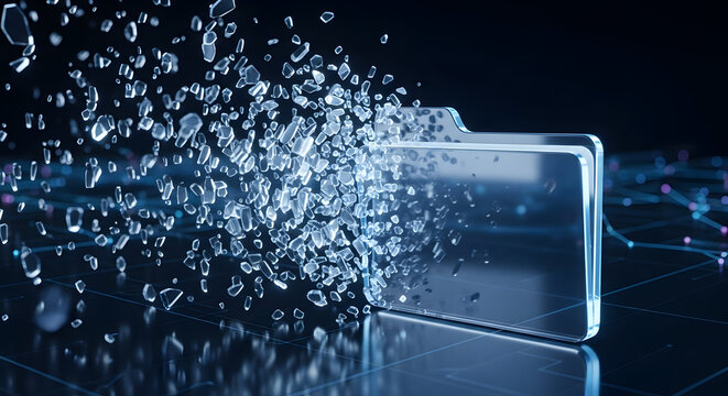 Digital data fragmentation and loss concept with abstract glass shards exploding from a folder on a dark technological background