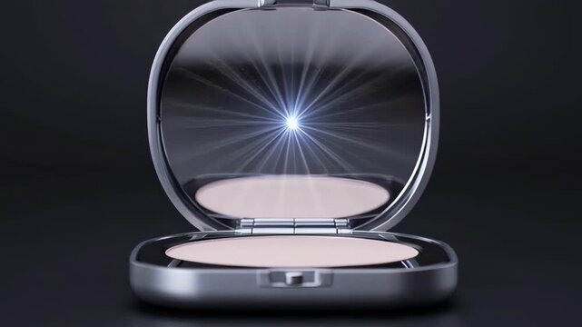Compact makeup powder case open with glossy reflection and soft studio lighting, cosmetic beauty product on display.