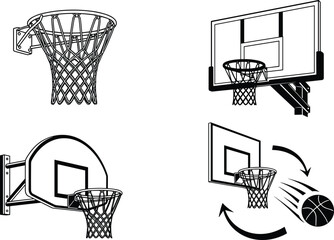 Cad drawing flat vector illustration of basketball hoop collection featuring various backboards rims nets and ball silhouettes for sports court design © Hello Wolrd