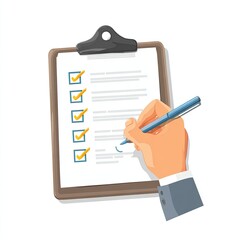 Illustration of a clipboard with checked boxes and a hand signing a document
