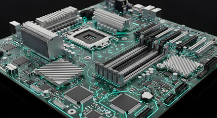 Close up of a modern computer motherboard with glowing green circuits and intricate electronic components detailed view