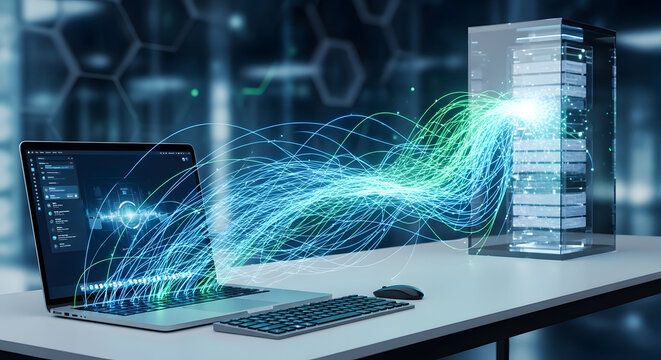 Digital data stream flowing from a laptop to a powerful server rack, symbolizing network connectivity and information transfer in a modern office environment