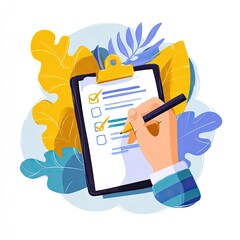 Hand with pen completing a checklist on a clipboard, surrounded by stylized foliage