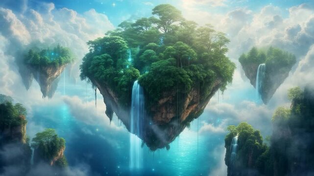 Lush, floating islands cascade with waterfalls in a dreamlike, ethereal sky