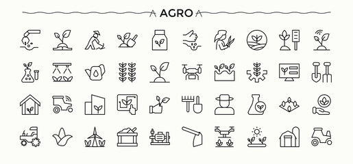 Agro icon set. Agriculture line icon set. Trendy minimal icons. Included harvest, farm, agriculture, plant and more. Editable stroke. Vector illustration.
