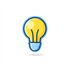 Cartoon image of a glowing yellow lightbulb with blue outlining on a white background