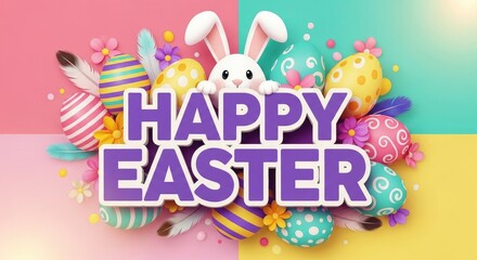 Fototapeta premium Vibrant easter celebration with bunny and decorated eggs