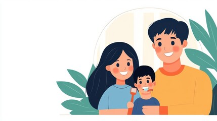 Fototapeta premium Family brushing teeth together in mirror, promoting dental health awareness