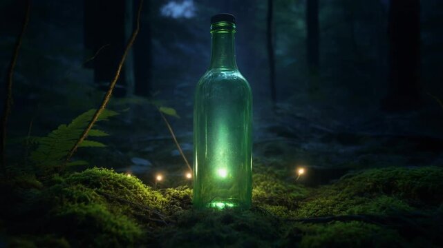 Mystical glowing Green bottle in forest at night